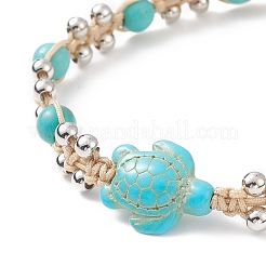 Synthetic Turquoise(Dyed) Tortoise & Brass Round Braided Bead Bracelet&nbsp;BJEW-TA00189-01