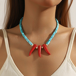 Bohemian Hot Pepper with Synthetic Turquoise Cuboid Beaded Necklaces with Alloy End Chains&nbsp;FS-WG16541-06
