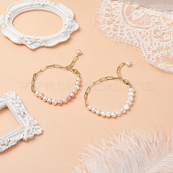 2Pcs 2 Color Natural Pearl Beaded Link Bracelets Set with Brass Paperclip Chains for Women&nbsp;BJEW-JB08777