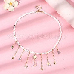 Brass  Moon & Star Charms Bib Necklace with Glass Beaded Chains&nbsp;NJEW-TA00101