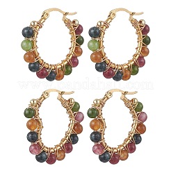 2 Pairs 2 Styles Natural Green Jade Imitation Tourmaline Beaded Hoop Earrings&nbsp;EJEW-JE06943