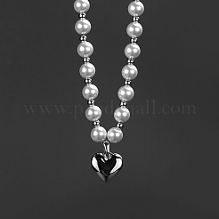 Hip-Hop Style 304 Stainless Steel & Plastic Pearl Heart Pendant Necklaces&nbsp;FS-WGD9F57-01