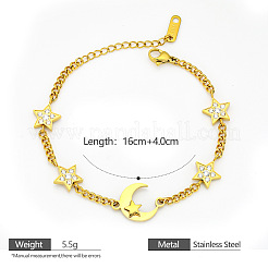 304 Stainless Steel Micro Pave Clear Cubic Zirconia Moon & Star Link Bracelets for Women&nbsp;WG7AA7B-02