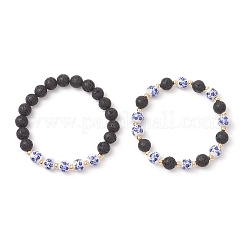 2Pcs Handmade Flower Printed Porcelain Ceramic & Natural Lava Rock Beads Stretch Bracelets for Women&nbsp;BJEW-JB13016