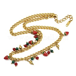 Natural Carnelian and Synthetic Malachite Round Beads and Red Strawberry Tassel 304 Stainless Steel Twisted Chain Necklaces&nbsp;NJEW-C092-03G