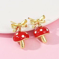 Mushroom with Bowknot Brass Enamel Dangle Stud Earrings&nbsp;EJEW-F895-25B-G