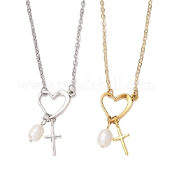 2Pcs 2 Colors Stainless Steel & ABS Imitation Pearl Heart Cross Necklaces for Women&nbsp;NJEW-JN05201