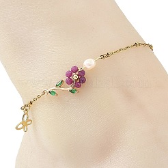Natural Ruby Beaded Flower Link 304 Stainless Steel Cable Chain Anklets with Natural Pearl for Women&nbsp;AJEW-AN00854