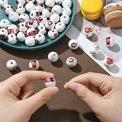 80Pcs 4 Styles Coffee Printed Wooden European Beads&nbsp;WOOD-CJ0001-82