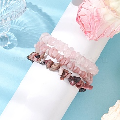3Pcs Natural Rose Quartz & Natural Rhodonite & Natural Pink Opal Chip Beaded Stretch Bracelet Sets&nbsp;BJEW-JB10858