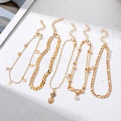 Alloy & Imitation Pearl Round Star Pineapple Charm 5 Layer Anklets for Women&nbsp;FS-WG8DB57-01