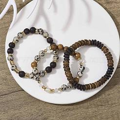 3Pcs 3 Style Natural Lava Rock & Dalmation Jasper & Coconut Beaded Stretch Bracelets Set&nbsp;BJEW-JB09810