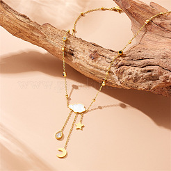 304 Stainless Steel Pave Clear Cubic Zirconia with Natural White Shell Cloud with Moon Star Tassel Pendant Necklaces for Women&nbsp;FS-WG2EBDD-01