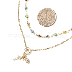 Brass Pave Clear Cubic Zirconia Cross Heart Evil Eye Pendant Handmade Evil Eye Lampwork 304 Stainless Steel Chain Double Layer Necklaces for Women&nbsp;NJEW-JN05398-03
