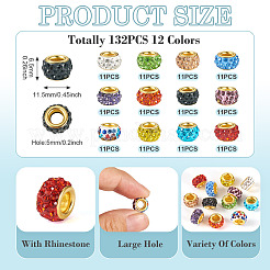 132Pcs 12 Colors Alloy Rhinestone Clay Pave Large Hole Beads&nbsp;ALRI-TA0001-28