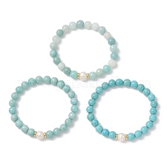 3Pcs Round Natural Amazonite & Synthetic Turquoise & Pearl Beaded Stackable Stretch Bracelets Sets&nbsp;BJEW-JB12991