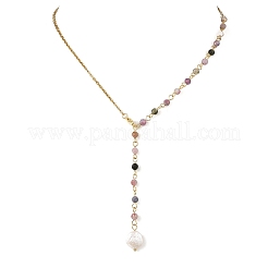 304 Stainless Steel Natural Multicolor Tourmaline Faceted Round Beaded Chain Lariat Necklaces&nbsp;NJEW-JN06588