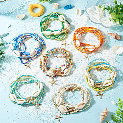 2 Bags Summer Beach Glass Seed Beaded & Natural Shell & Alloy Starfish Charm Anklet Sets&nbsp;AJEW-TA0003-69C