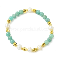 Round Natural Amazonite & Cultured Freshwater Pearl & Brass Beaded Stretch Bracelets for Women&nbsp;BJEW-JB14060-01