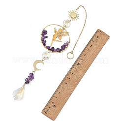 Glass Beads & Natural Amethyst Chip Beads & Brass Hanging Suncatchers&nbsp;HJEW-JM05017-02