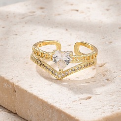 Rack Plating Brass Micro Pave Clear Cubic Zirconia Open Cuff Finger Rings for Women&nbsp;RJEW-M028-97G