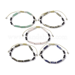 Column Mixed Gemstone & 4mm Round Natural Lava Rock & Electroplate Non-magnetic Synthetic Hematite Braided Bead Bracelets&nbsp;BJEW-JB10328