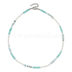 Faceted Round Natural Larimar and Pearl Beaded Necklaces&nbsp;NJEW-JN06409-01