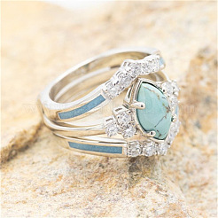 3Pcs Horse Eye Alloy & Crystal Rhinestone & Synthetic Turquoise Finger Rings&nbsp;FS-WG40CFA-06
