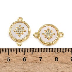 Brass Pave Natural Shell Flat Round with Star Connector Charms&nbsp;KK-C114-04G