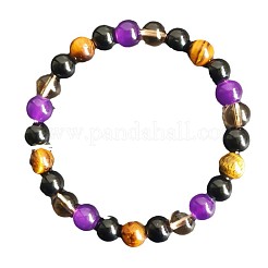 Round Natural Tiger Eye & Black Obsidian & Amethyst & Smoky Quartz Beads Stretch Bracelets for Girl Women&nbsp;FS-WGE0C43-09