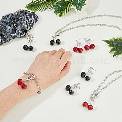 2 Set 2 Color Resin Cherry Pendant Necklace & Charm Bracelet & Dangle Stud Earrings&nbsp;SJEW-FI0001-18