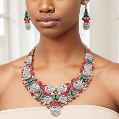 Christmas Santa Claus & Leaf Alloy Rhinestone Pendant Necklace & Stud Dangle Earrings Sets&nbsp;WGF6AE0-03
