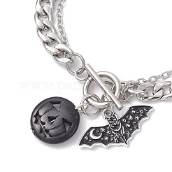 Halloween Alloy Enamel Bat and Dyed Synthetic Turquoise Pumpkin Charm 304 Stainless Steel Bracelet Sets&nbsp;BJEW-JB12446-03