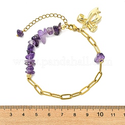 Natural Amethyst Chip Beads 304 Stainless Steel Paperclip Chain Bracelets with Alloy Bowknot Charms&nbsp;BJEW-JB14187-01