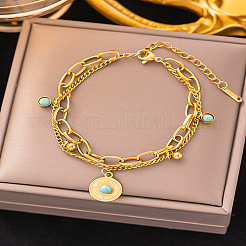 304 Stainless Steel Synthetic Turquoise Beads Double Layers Bracelets&nbsp;FS-WGDB07B-01