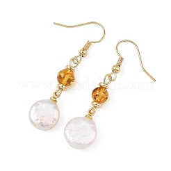 Flat Round Natural Amber & Keshi Pearl Dangle Earrings&nbsp;EJEW-JE07360-01