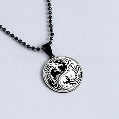 Flat Round with Yin-yang Dragon 201 Stainless Steel Enamel Pendant Necklaces&nbsp;FS-WG9F251-01