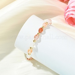 Rice Natural Ferruginous Quartz & Round Brass Beads Stretch Bracelets for Women&nbsp;BJEW-JB13817