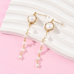 Round Brass Natural Freshwater Pearl Tassel Stud Earrings&nbsp;EJEW-U072-02G
