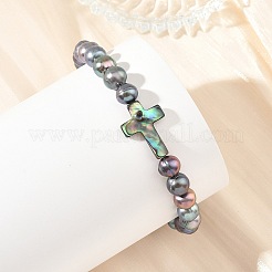 Dyed Natural Cultured Freshwater Pearl Round Beaded Bracelets with Religion Cross Natural Paua Shell for Women&nbsp;BJEW-JB14274