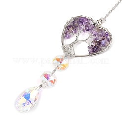 Wire Wrapped Natural Amethyst Heart with Tree of Life Pendant Decorations&nbsp;HJEW-K046-02P-05
