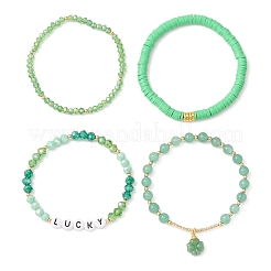 4Pcs 4 Style Glass & Polymer Clay Beaded Stretch Bracelets Set with Clover Charms&nbsp;BJEW-TA00305