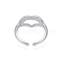 Non-Tarnish 304 Stainless Steel Heart Gesture Open Cuff Ring for Women&nbsp;RJEW-S405-260P