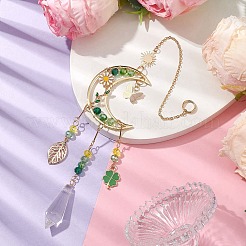 Glass Beads Wire Wrapped Brass Moon Pendant Decoration&nbsp;HJEW-TA00224