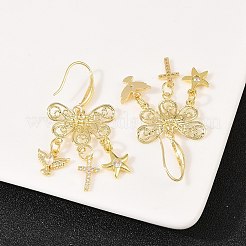 Cross with Bird & Starfish Brass Clear Cubic Zirconia Dangle Earrings&nbsp;EJEW-H182-01G