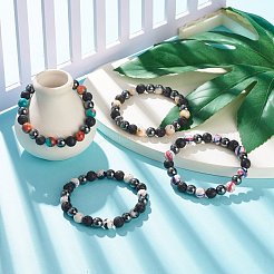 Gemstone & Lava Rock & Synthetic Hematite Round Beaded Stretch Bracelet&nbsp;BJEW-JB07972