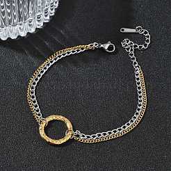 Two Tone 304 Stainless Steel Curb Chain Double Layers Bracelets&nbsp;BJEW-P396-01B-A