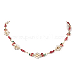 Natural Cultured Freshwater Pearl Beaded Flower and Brass Enamel Cherry Link Chain Necklaces&nbsp;NJEW-JN06292
