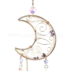 Natural Amethyst & Quartz Crystal Chips Beaded Moon Hanging Sun Catchers&nbsp;HJEW-M004-15