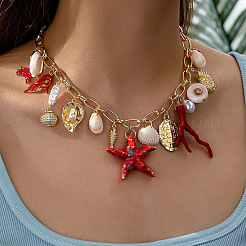 Porcelain & Alloy & Resin & Nataural Mixed Shell Starfish Fish Coral Shape Tassel Bib Necklaces&nbsp;FS-WG61EDD-01